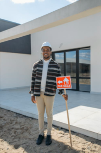 A contractor standing infront of a house ready for sale