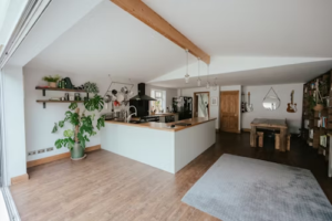 Open kitchen with wood floor