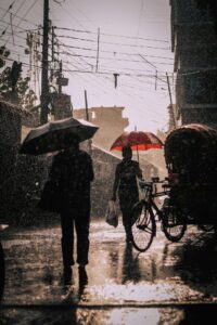 people walking on a rainy day in the city with umbrellas