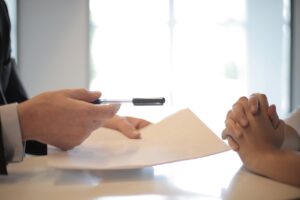 Lawyer talking to his client